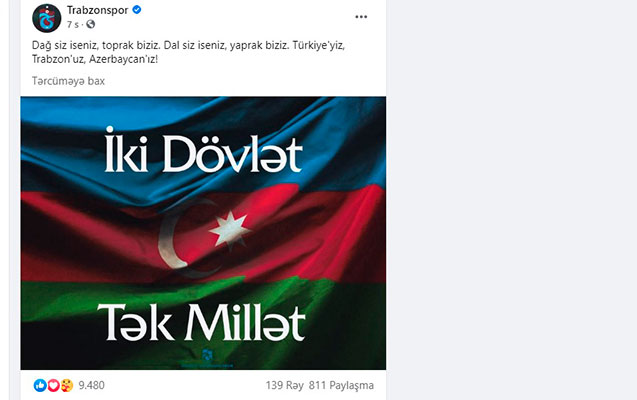"Dağ sizsiniz, torpaq biz, qanad sizsinizsə, yarpaq bizik": "Trabzonspor"dan Azərbaycana