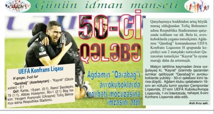 Dövlət qəzeti: "Qarabağ” öz imzasını atdı - Avrokuboklarda növbəti möcüzəsinə