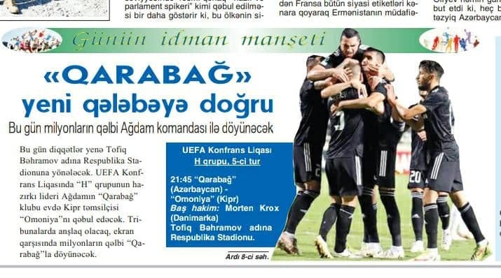 Dövlət qəzeti: Bu gün milyonların qəlbi "Qarabağ" ilə döyünəcək