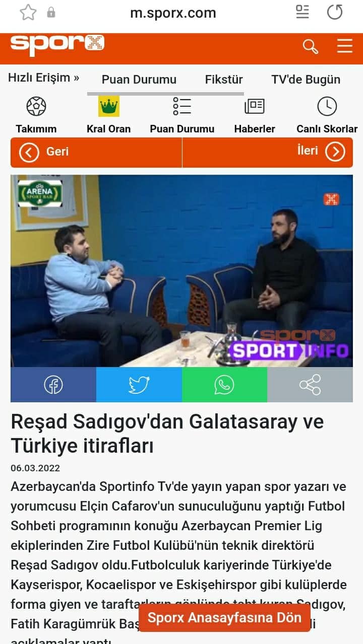 Rəşad Sadıqovun "Sportinfo TV"yə etirafları Türkiyənin məşhur saytında - FOTO