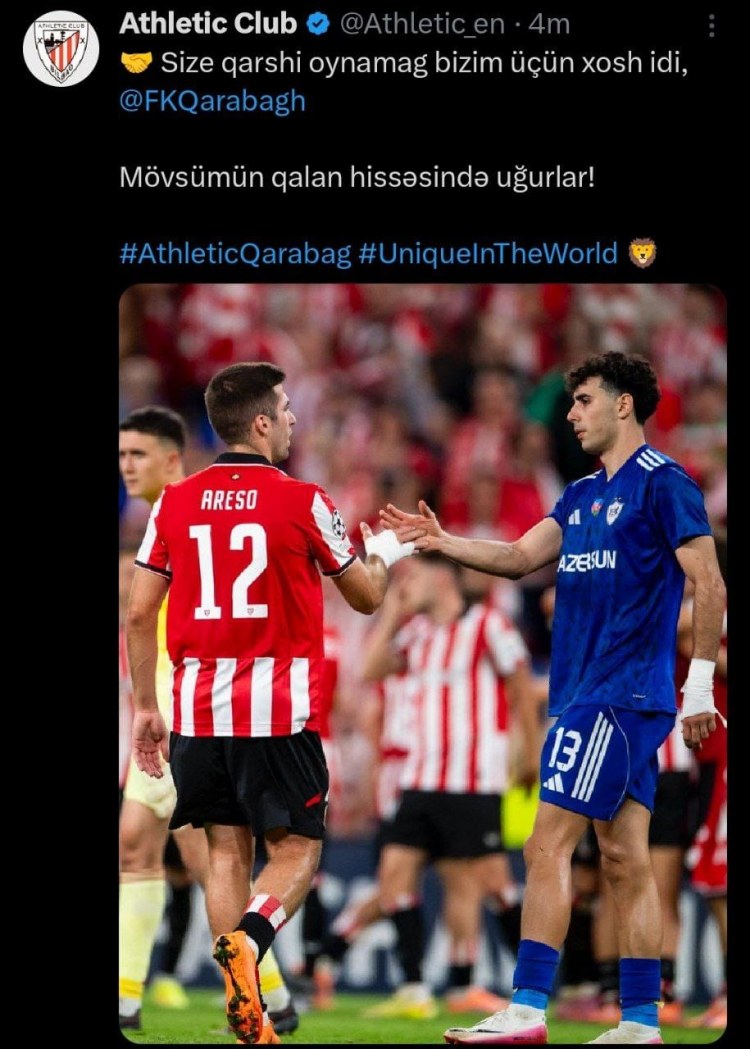 "Atletik"dən "Qarabağ"a mesaj: "Sizinlə oynamaq bizim üçün xoş idi"